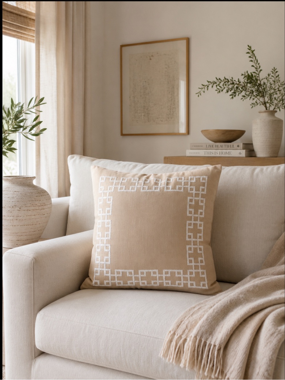 NWT Sky x Bloomingdales Home Greek Key Decorative Pillow Neutrals 18 x 18